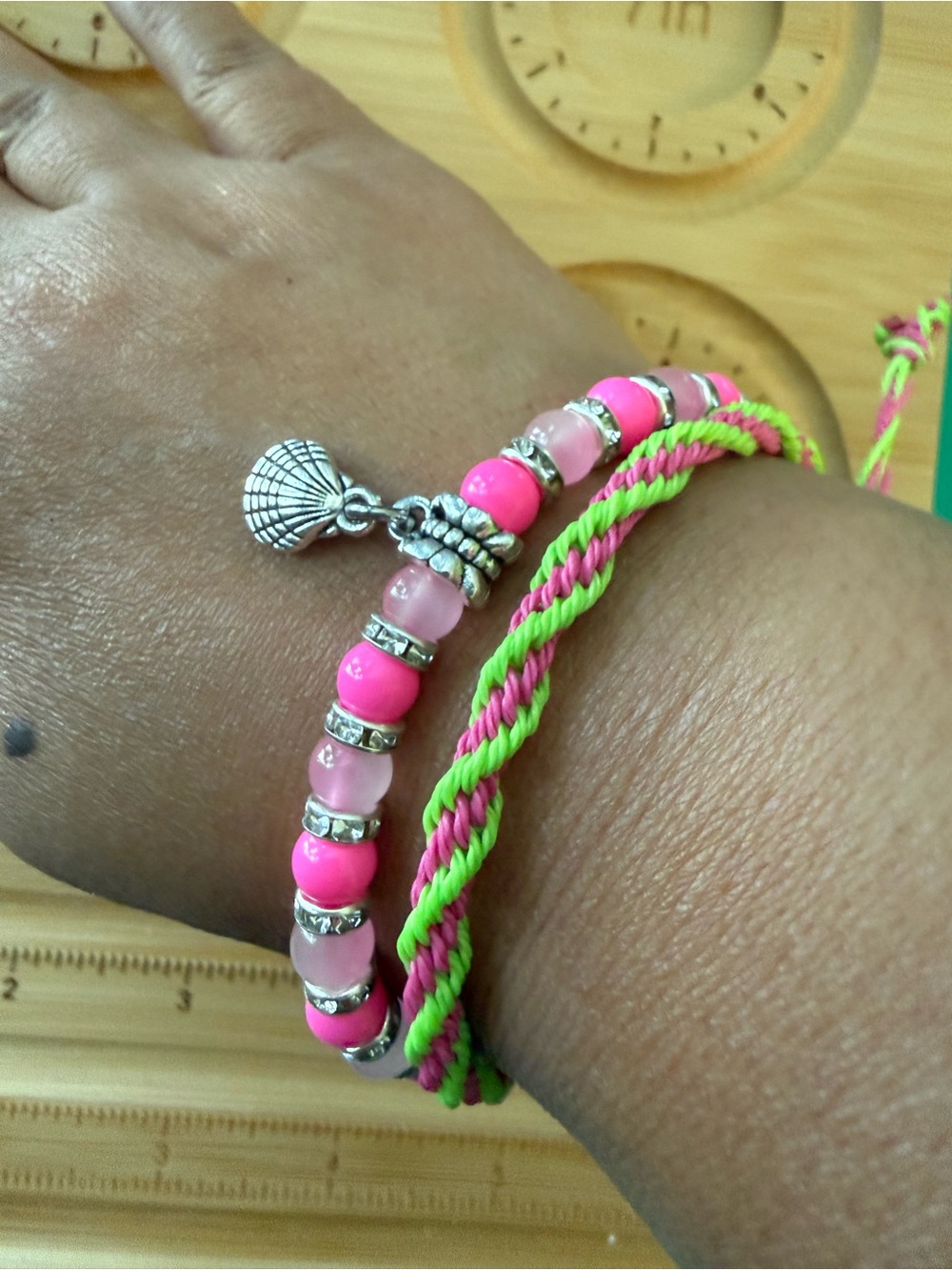 Pink Beaded Shell Charm Bracelet & Pink Neon Green Kumihimo Bracelet adjustable